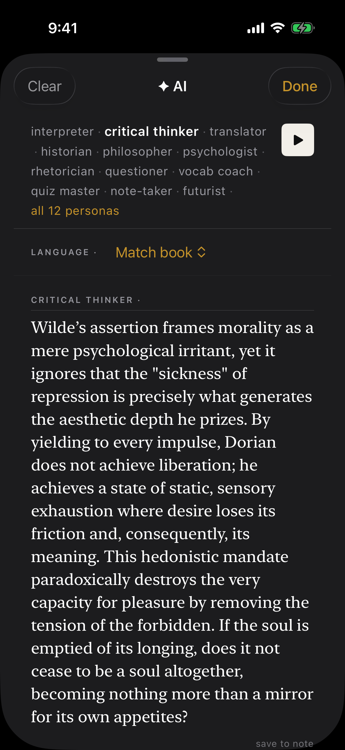 The Critical Thinker answering on the passage, captured from the shipped app