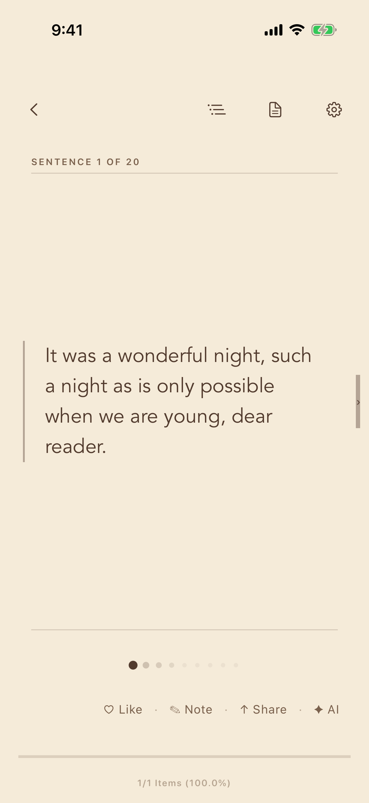 Sentence cards mode showing White Nights, captured from the shipped app
