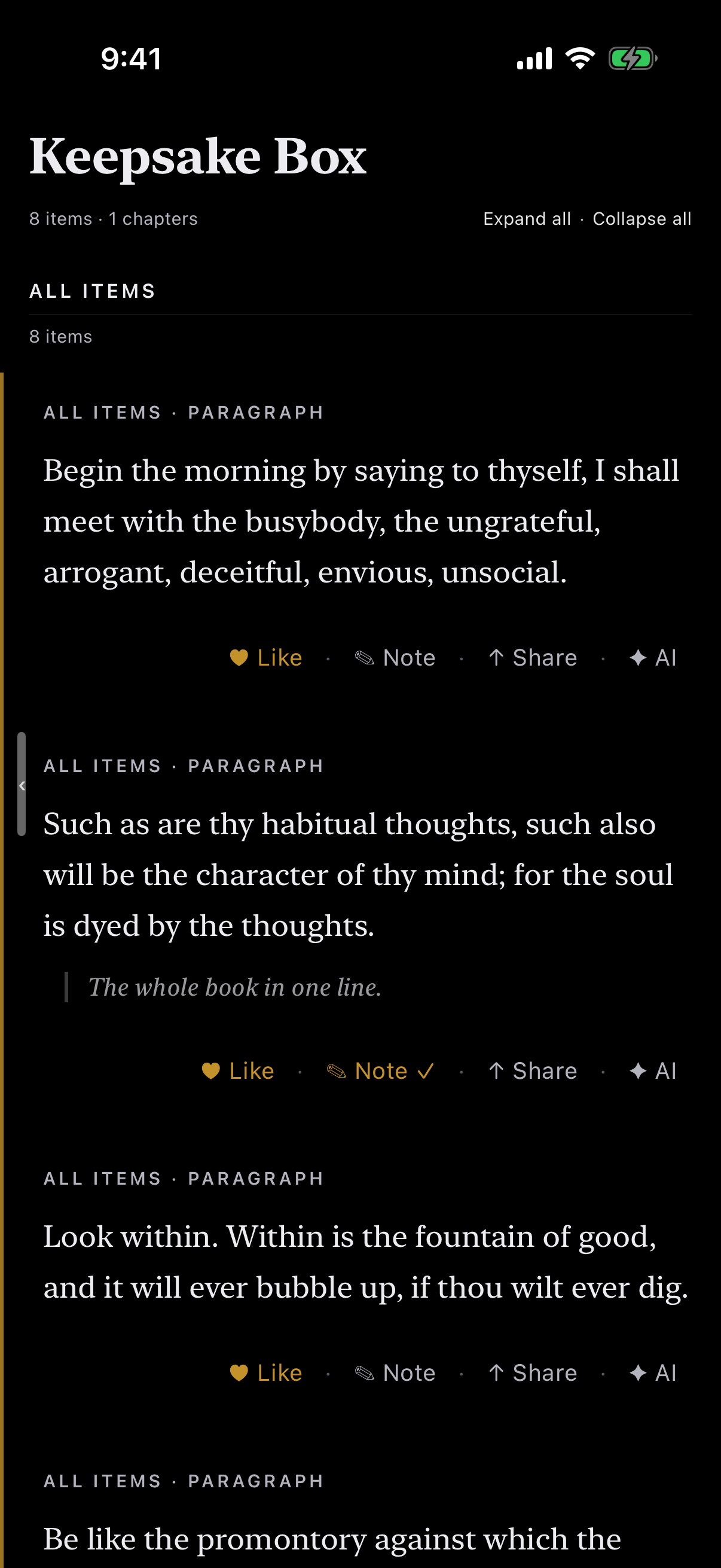 IO reader의 킵세이크 박스: 챕터별로 정리된 Meditations의 저장 문장과 노트