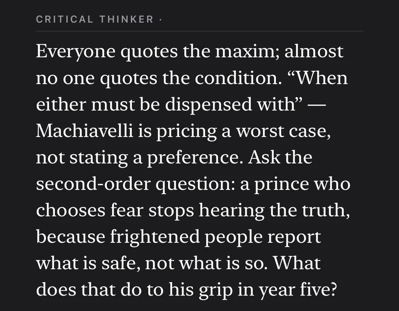 IO's Critical Thinker pushing back on a passage from The Prince