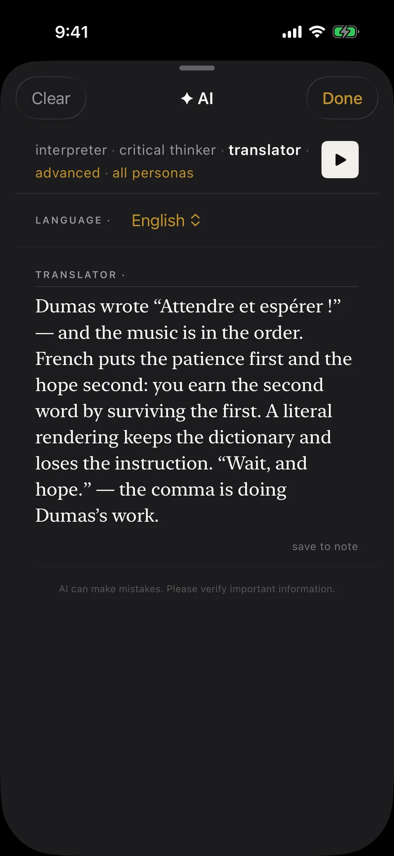 IO's Translator persona carrying a passage of Dumas's The Count of Monte Cristo across into English, on a dark reading screen.