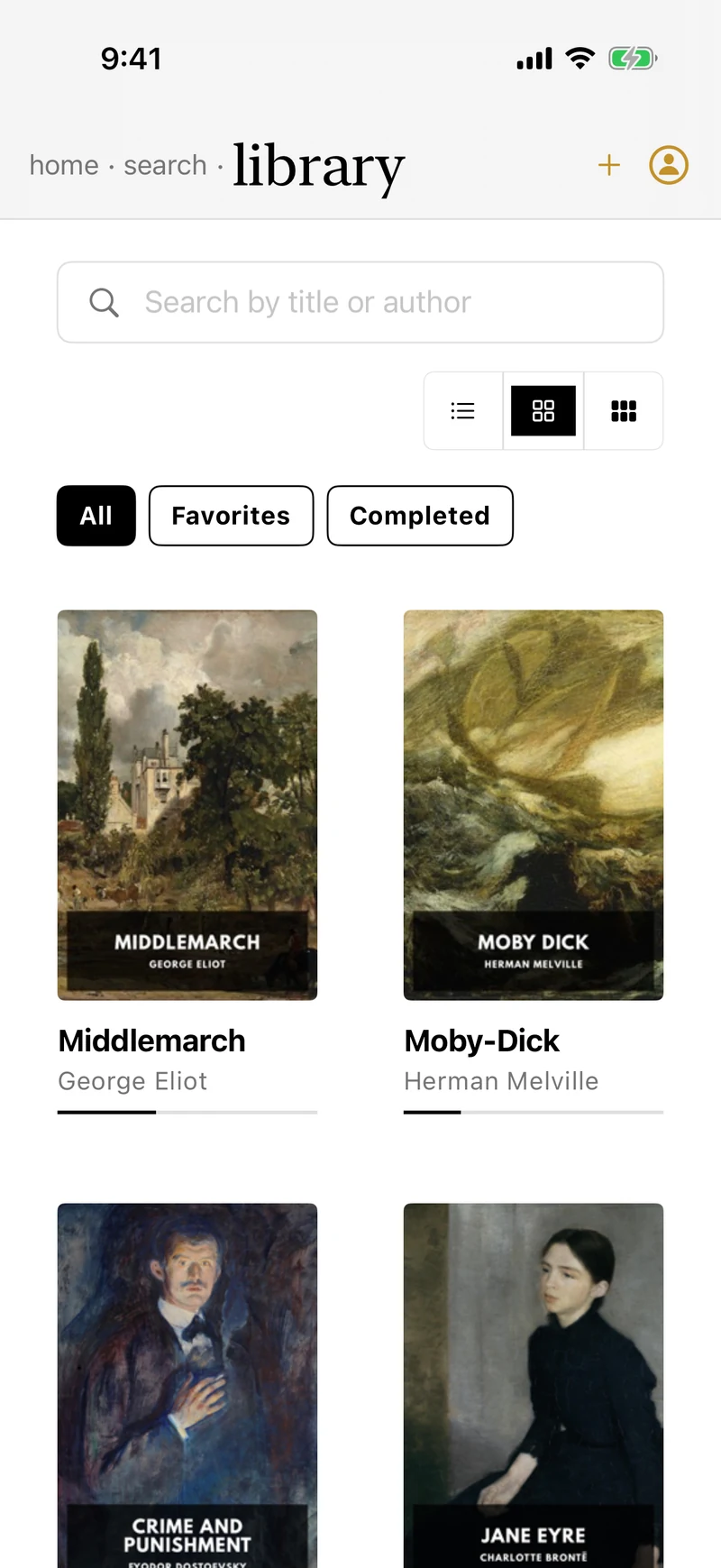 IO Library tab, light theme — a search field, list and grid toggles, filter chips, and a two-column cover grid of Middlemarch, Moby-Dick, Crime and Punishment, and Jane Eyre.