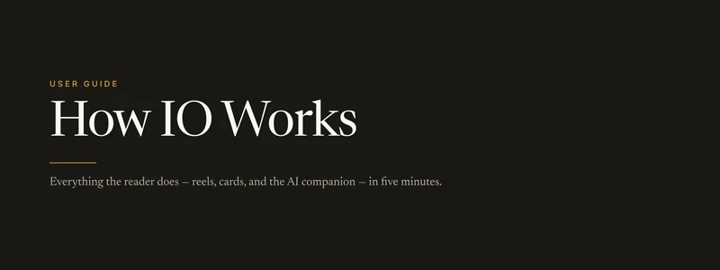 Guide page header — the HOW IO WORKS eyebrow above the serif headline A field guide to reading deeply, on dark charcoal.