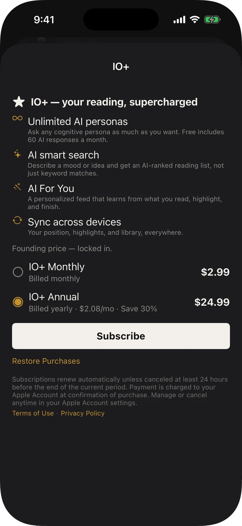 IO+ paywall: feature rows for unlimited personas, AI search, a For You feed, and cross-device sync, with a founding-price note.